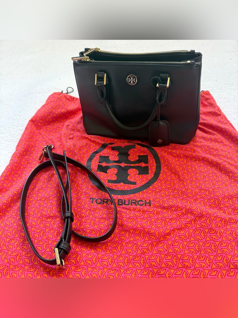 Tory Burch black leather 2ways hand bag crossbody gold dust bag